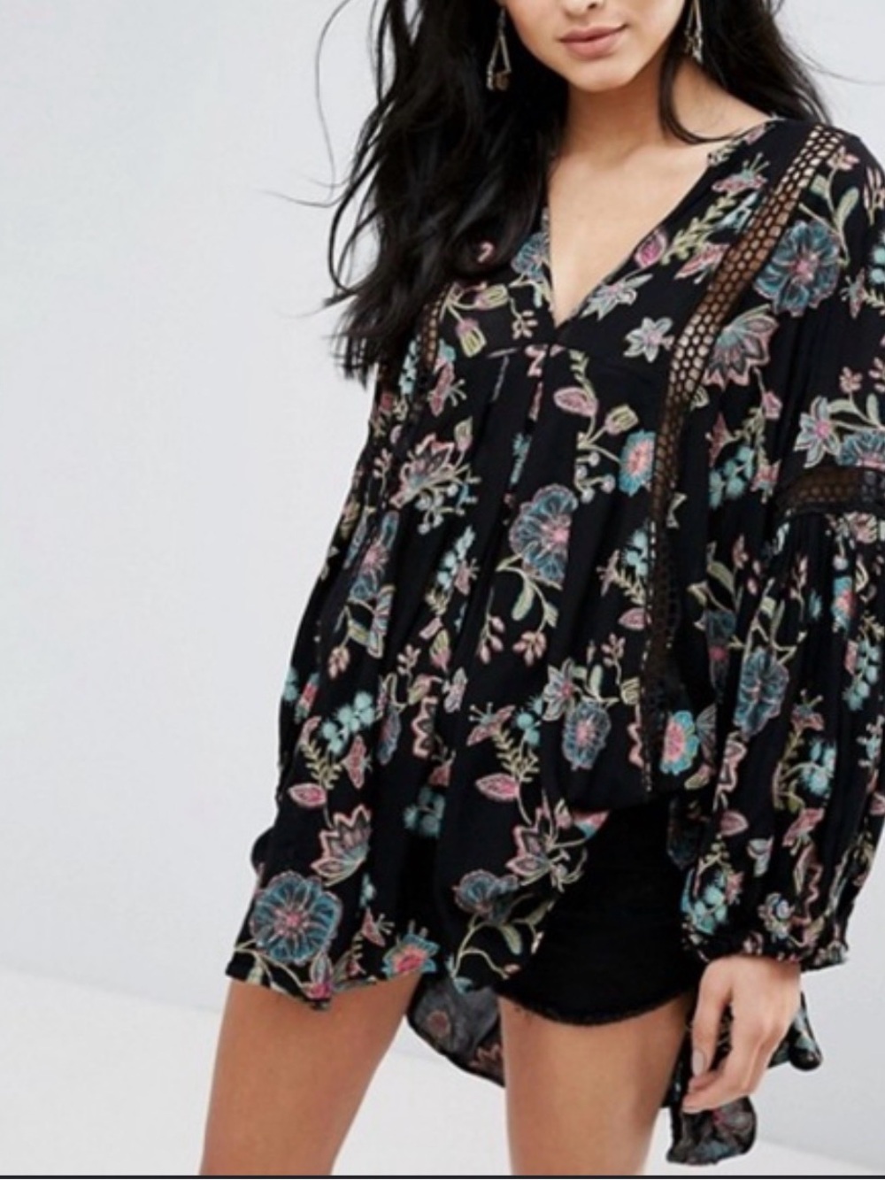 Free People Black Floral V-Neck Boho Blouse